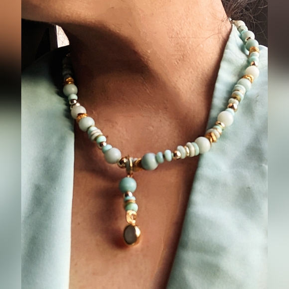 Mint Blue Natural Amazonite Bead & Amazonite Pendant In Gold Plated Necklace - Picture 9 of 9